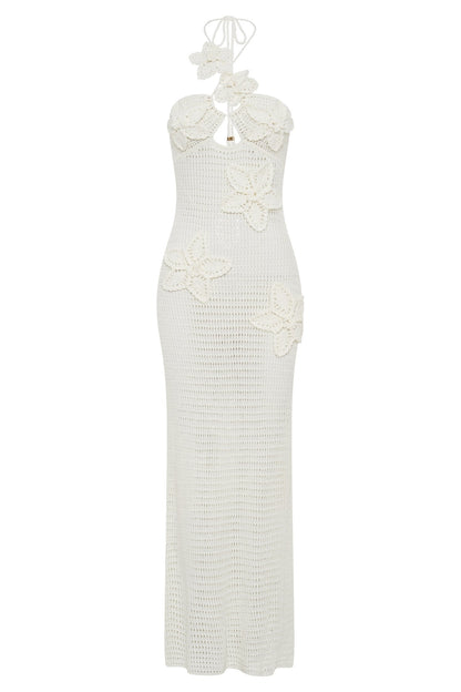 Madison women's maxi dress with crochet lace and floral appliqués