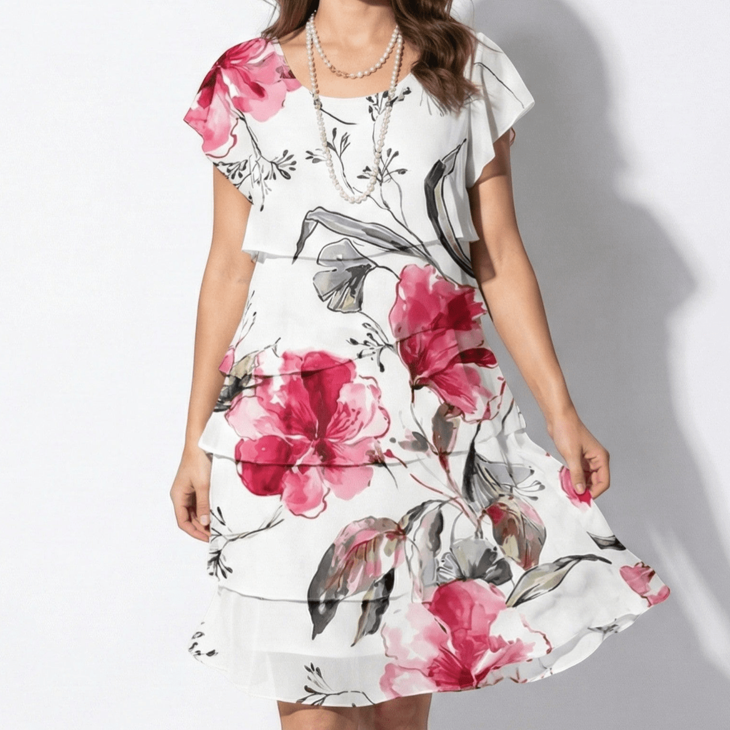 Women's Layered Mini Dress with Ruffle and Floral Print Short Flutter Sleeves Round Neck Chiffon
