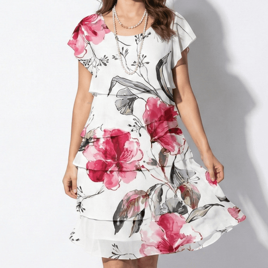 Women's Layered Mini Dress with Ruffle and Floral Print Short Flutter Sleeves Round Neck Chiffon