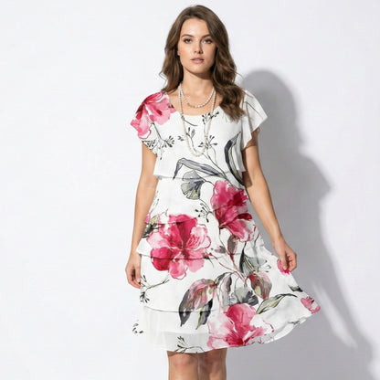 Women's Layered Mini Dress with Ruffle and Floral Print Short Flutter Sleeves Round Neck Chiffon