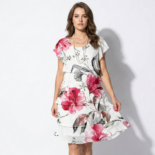 Women's Layered Mini Dress with Ruffle and Floral Print Short Flutter Sleeves Round Neck Chiffon