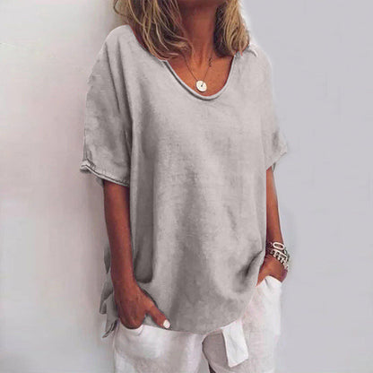 Women's Oversized Shirt with U-Neckline and Contrast Stitching Short Sleeves in Cotton Blend Loose Fit