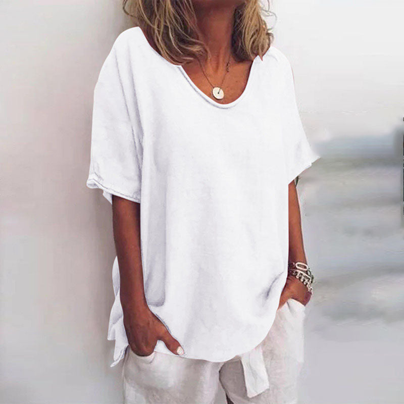 Women's Oversized Shirt with U-Neckline and Contrast Stitching Short Sleeves in Cotton Blend Loose Fit
