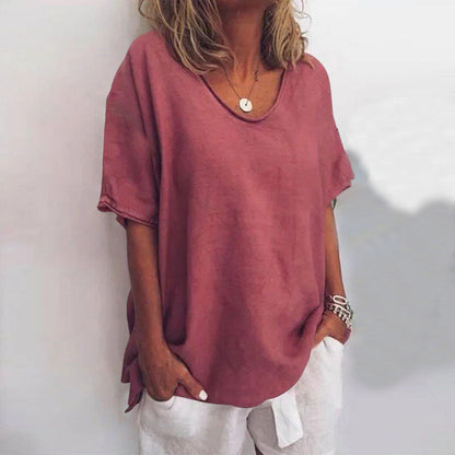 Women's Oversized Shirt with U-Neckline and Contrast Stitching Short Sleeves in Cotton Blend Loose Fit