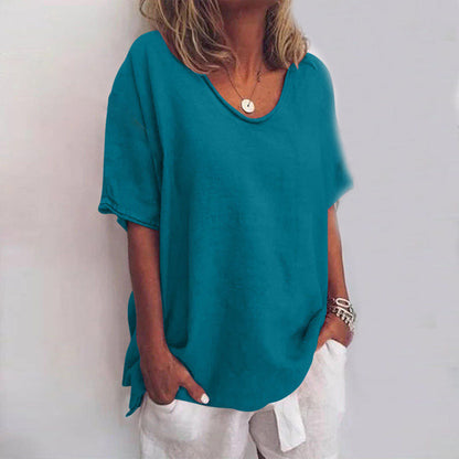 Women's Oversized Shirt with U-Neckline and Contrast Stitching Short Sleeves in Cotton Blend Loose Fit