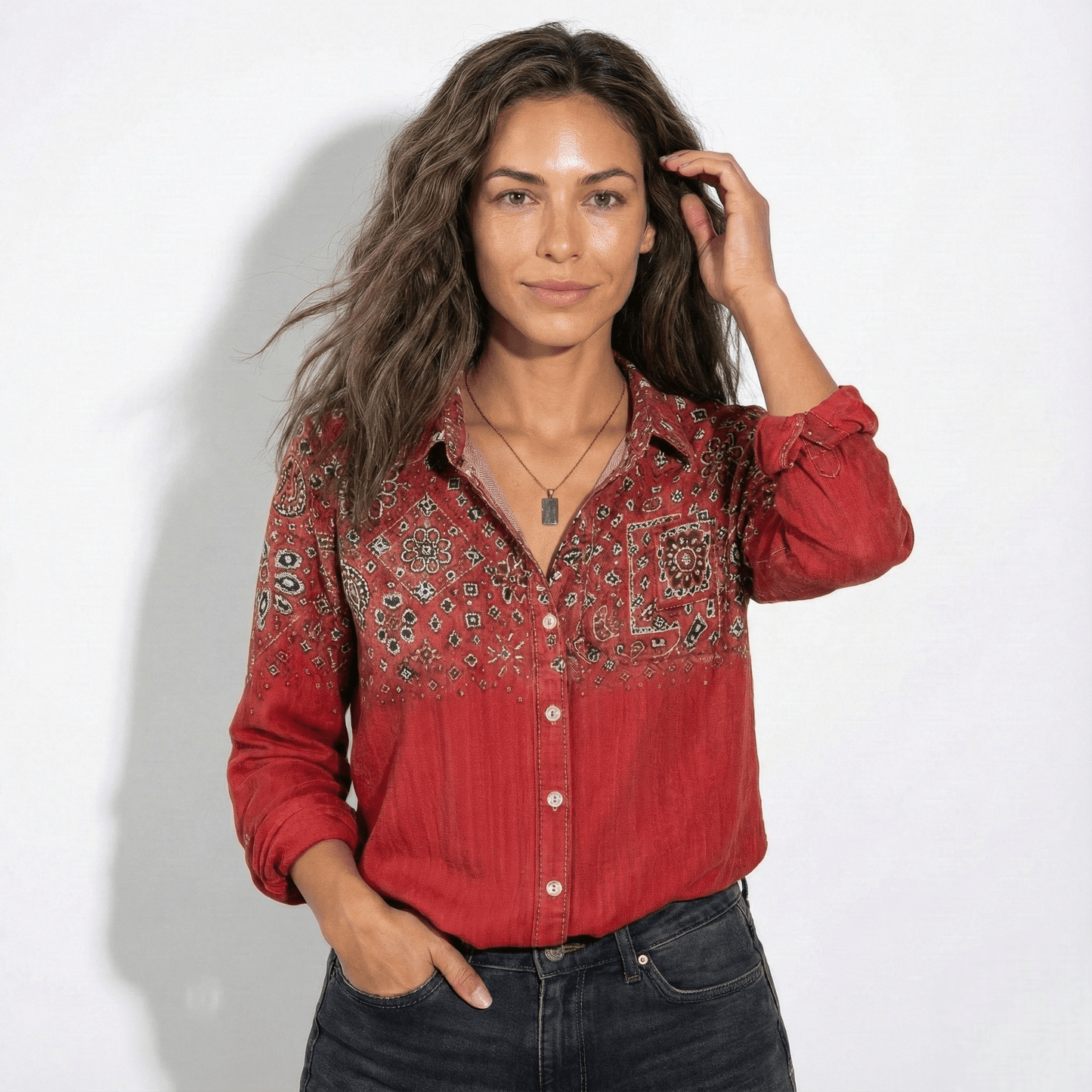 Women's Long Sleeve Shirt Blouse with Bandana Print Yoke, Classic Collar and Button Front in Vintage Western Style
