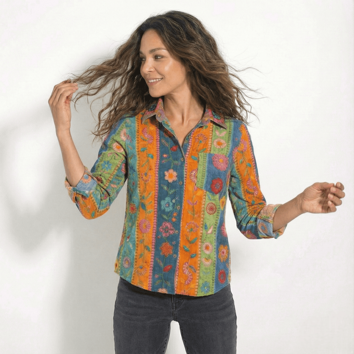 Women's Long Sleeve Shirt Blouse with Bandana Print Yoke, Classic Collar and Button Front in Vintage Western Style