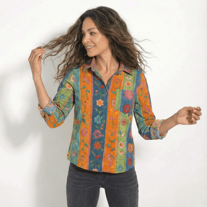 Women's Long Sleeve Shirt Blouse with Bandana Print Yoke, Classic Collar and Button Front in Vintage Western Style