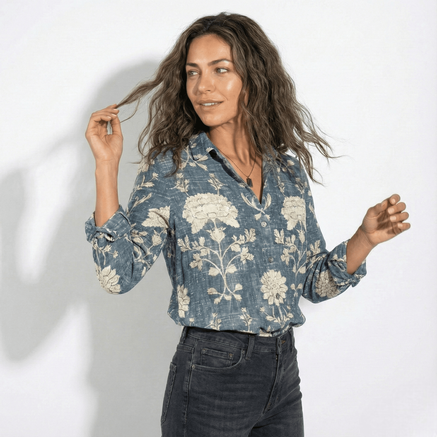 Women's Long Sleeve Shirt Blouse with Bandana Print Yoke, Classic Collar and Button Front in Vintage Western Style