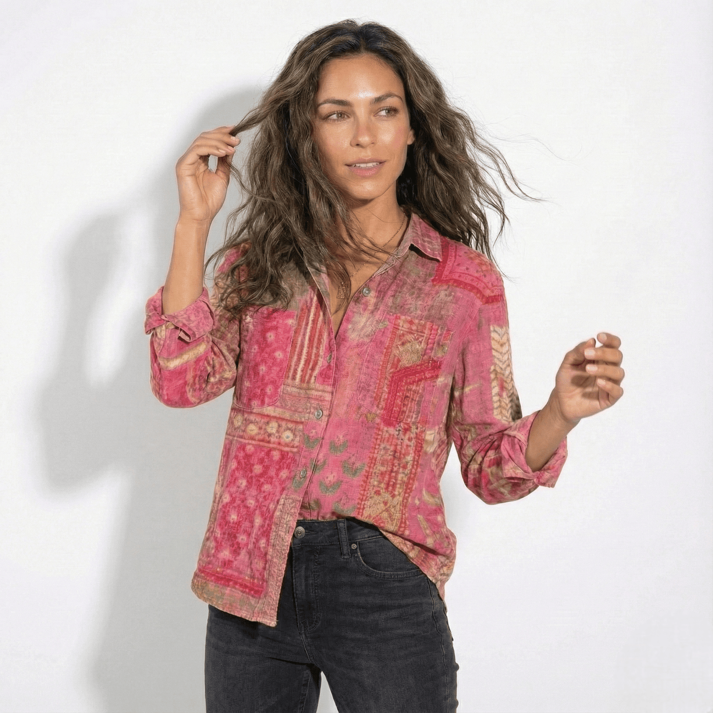 Women's Long Sleeve Shirt Blouse with Bandana Print Yoke, Classic Collar and Button Front in Vintage Western Style