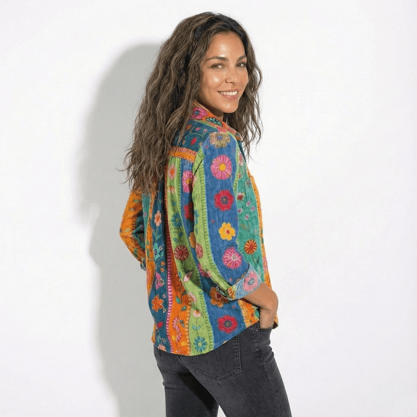 Women's Long Sleeve Shirt Blouse with Bandana Print Yoke, Classic Collar and Button Front in Vintage Western Style
