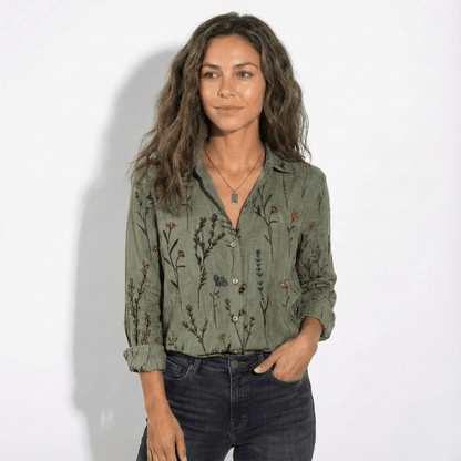 Women's Long Sleeve Shirt Blouse with Bandana Print Yoke, Classic Collar and Button Front in Vintage Western Style