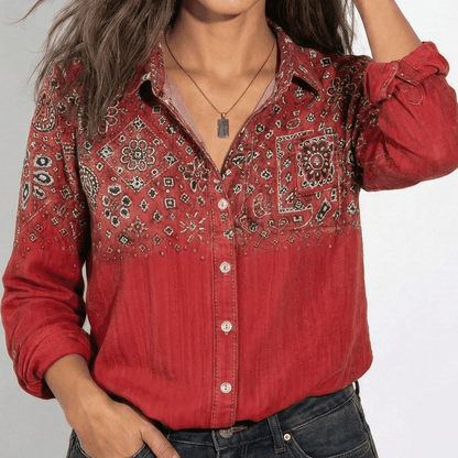 Women's Long Sleeve Shirt Blouse with Bandana Print Yoke, Classic Collar and Button Front in Vintage Western Style