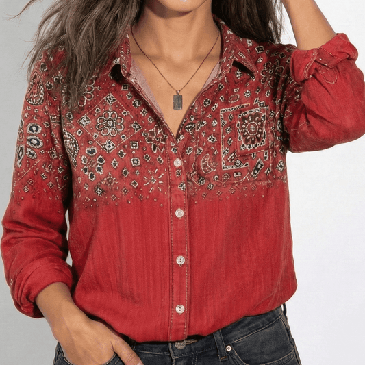 Damen Hemdbluse Langarm mit Bandana Print Yoke Klassischer Kragen und Knopfleiste im Vintage Western Look