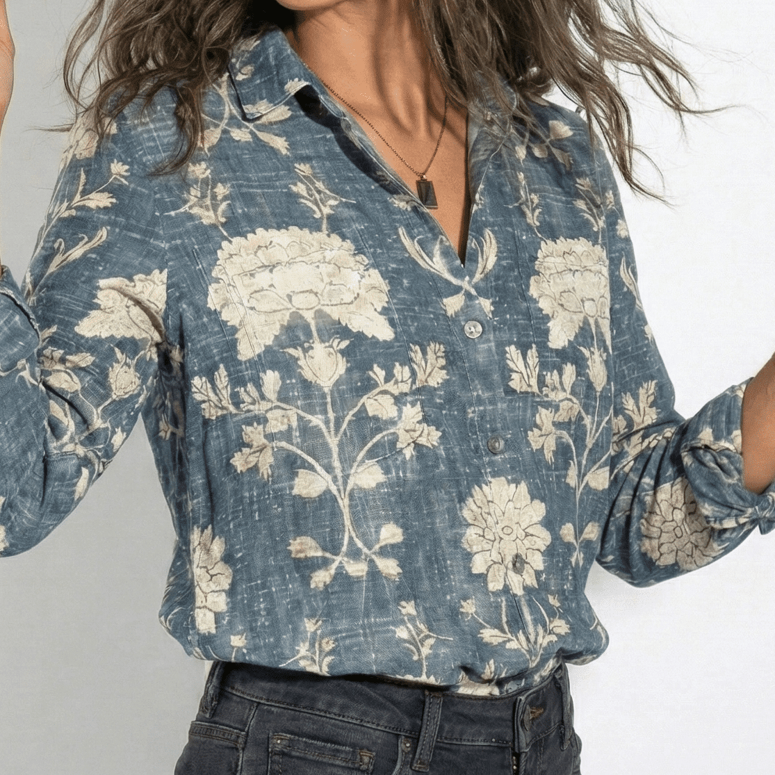 Women's Long Sleeve Shirt Blouse with Bandana Print Yoke, Classic Collar and Button Front in Vintage Western Style