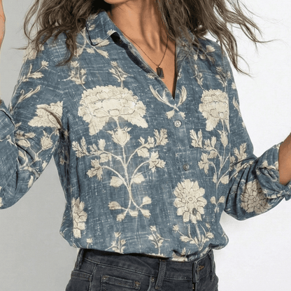 Women's Long Sleeve Shirt Blouse with Bandana Print Yoke, Classic Collar and Button Front in Vintage Western Style