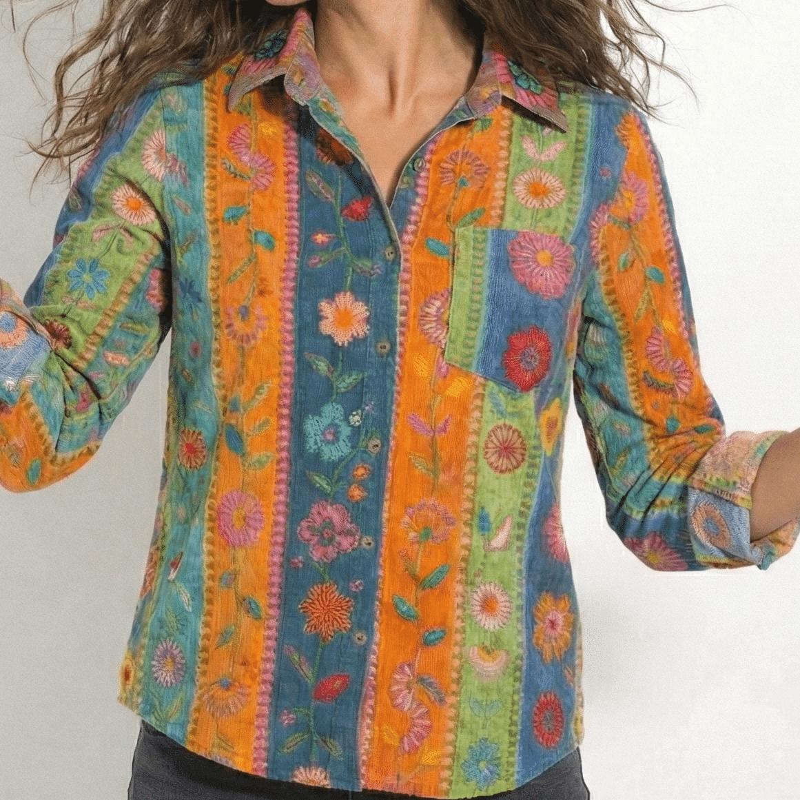 Women's Long Sleeve Shirt Blouse with Bandana Print Yoke, Classic Collar and Button Front in Vintage Western Style