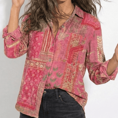 Women's Long Sleeve Shirt Blouse with Bandana Print Yoke, Classic Collar and Button Front in Vintage Western Style