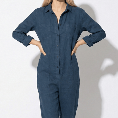 Women's jumpsuit with long sleeves and button placket