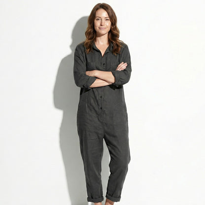 Women's jumpsuit with long sleeves and button placket