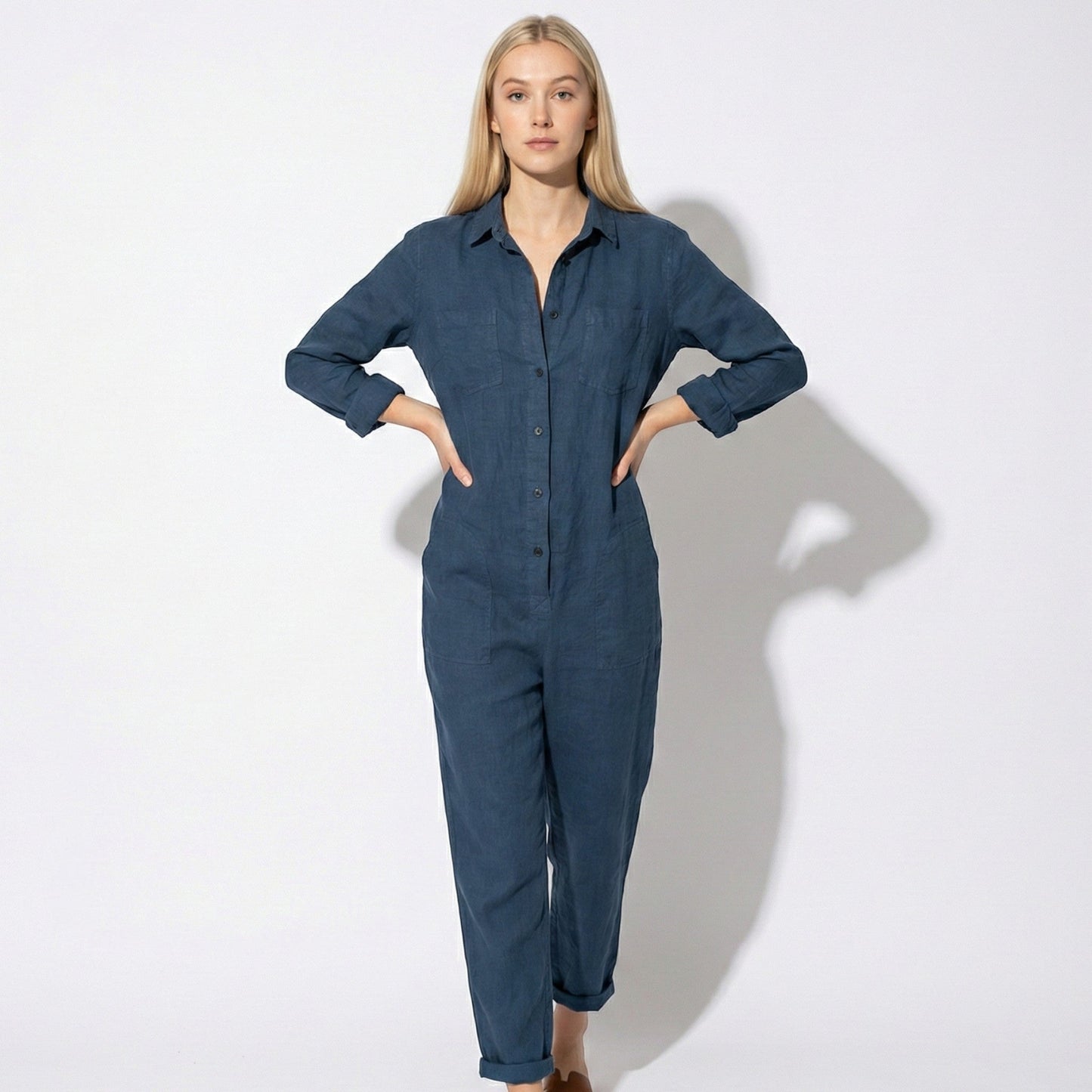 Women's jumpsuit with long sleeves and button placket
