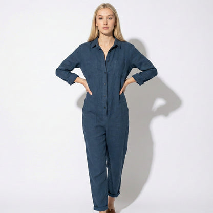 Women's jumpsuit with long sleeves and button placket