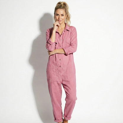 Women's jumpsuit with long sleeves and button placket