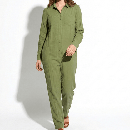 Women's jumpsuit with long sleeves and button placket