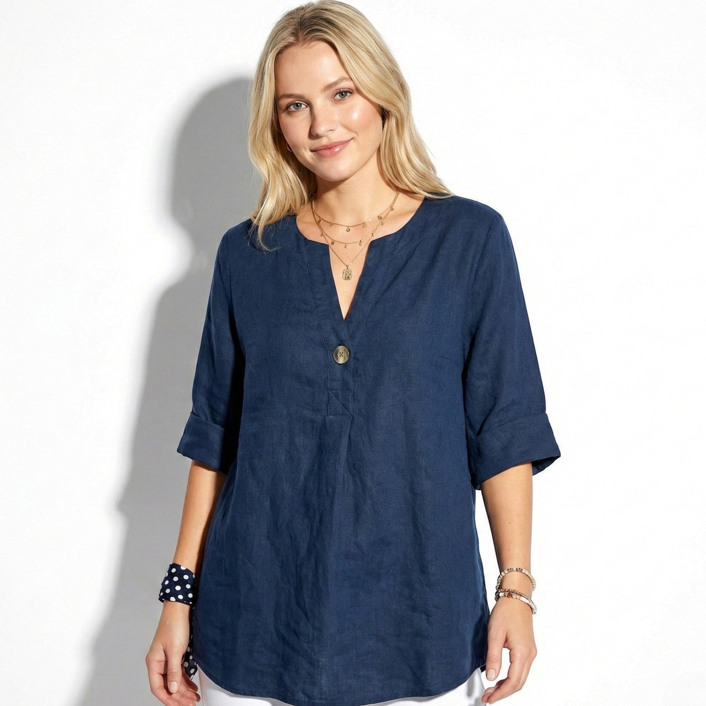 Women's Linen Blouse with V-Neck and Statement Wooden Button, Roll-Up Sleeves, Loose Fit made of Lightweight Fabric