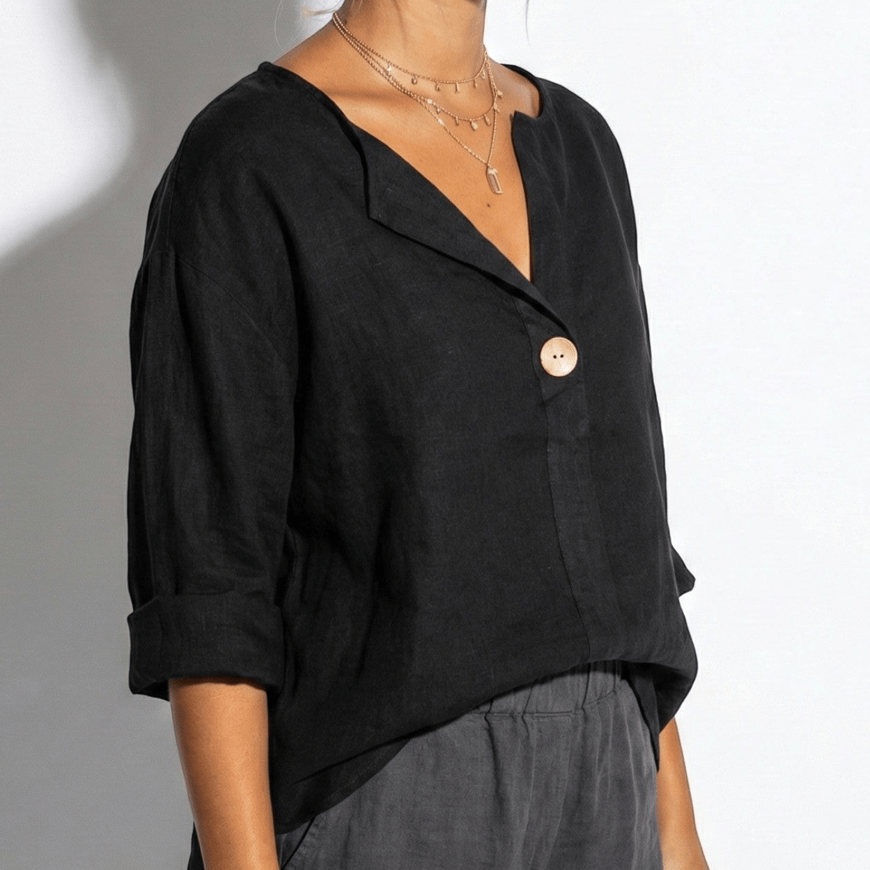 Women's Linen Blouse with V-Neck and Statement Wooden Button, Roll-Up Sleeves, Loose Fit made of Lightweight Fabric