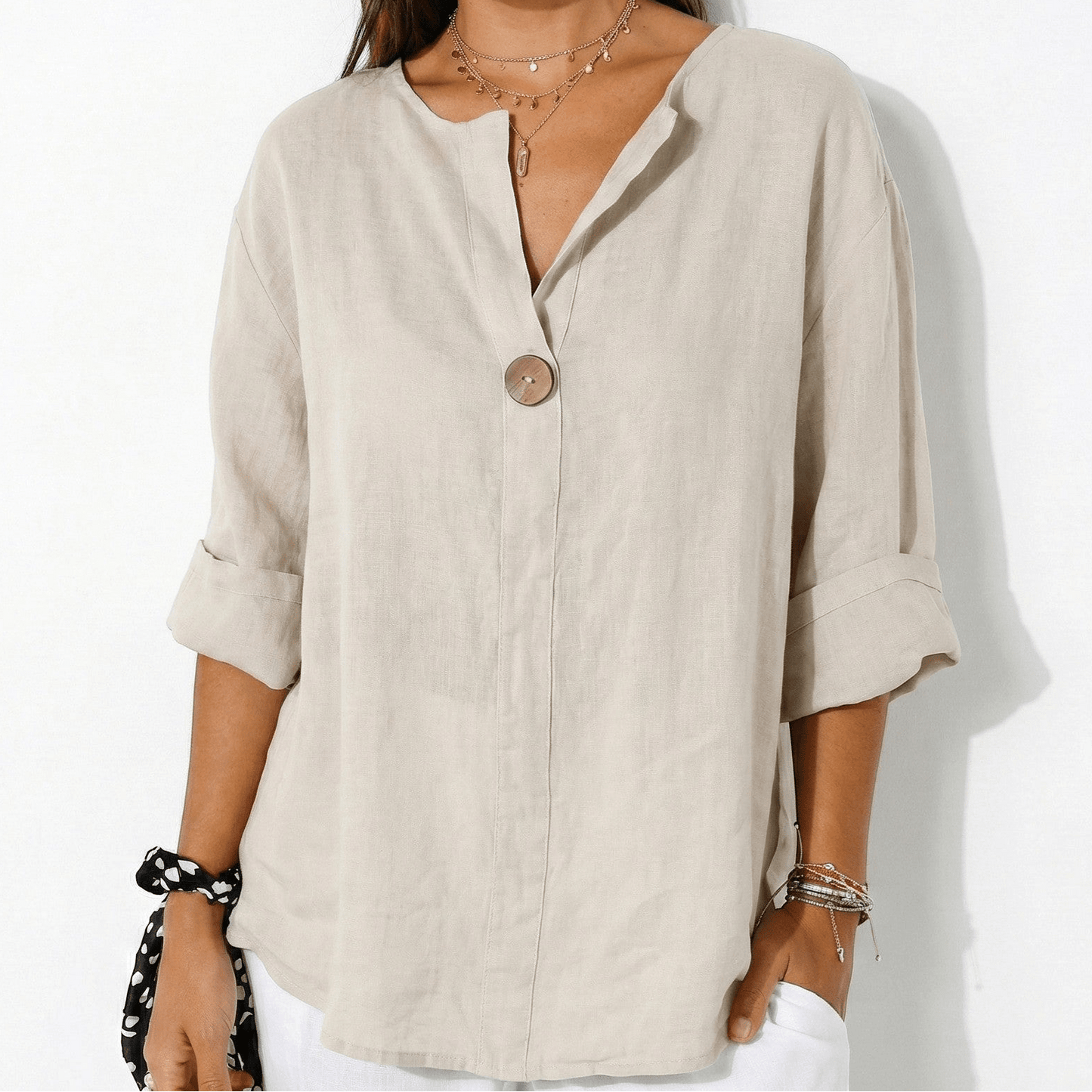 Women's Linen Blouse with V-Neck and Statement Wooden Button, Roll-Up Sleeves, Loose Fit made of Lightweight Fabric