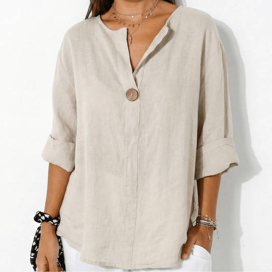 Women's Linen Blouse with V-Neck and Statement Wooden Button, Roll-Up Sleeves, Loose Fit made of Lightweight Fabric