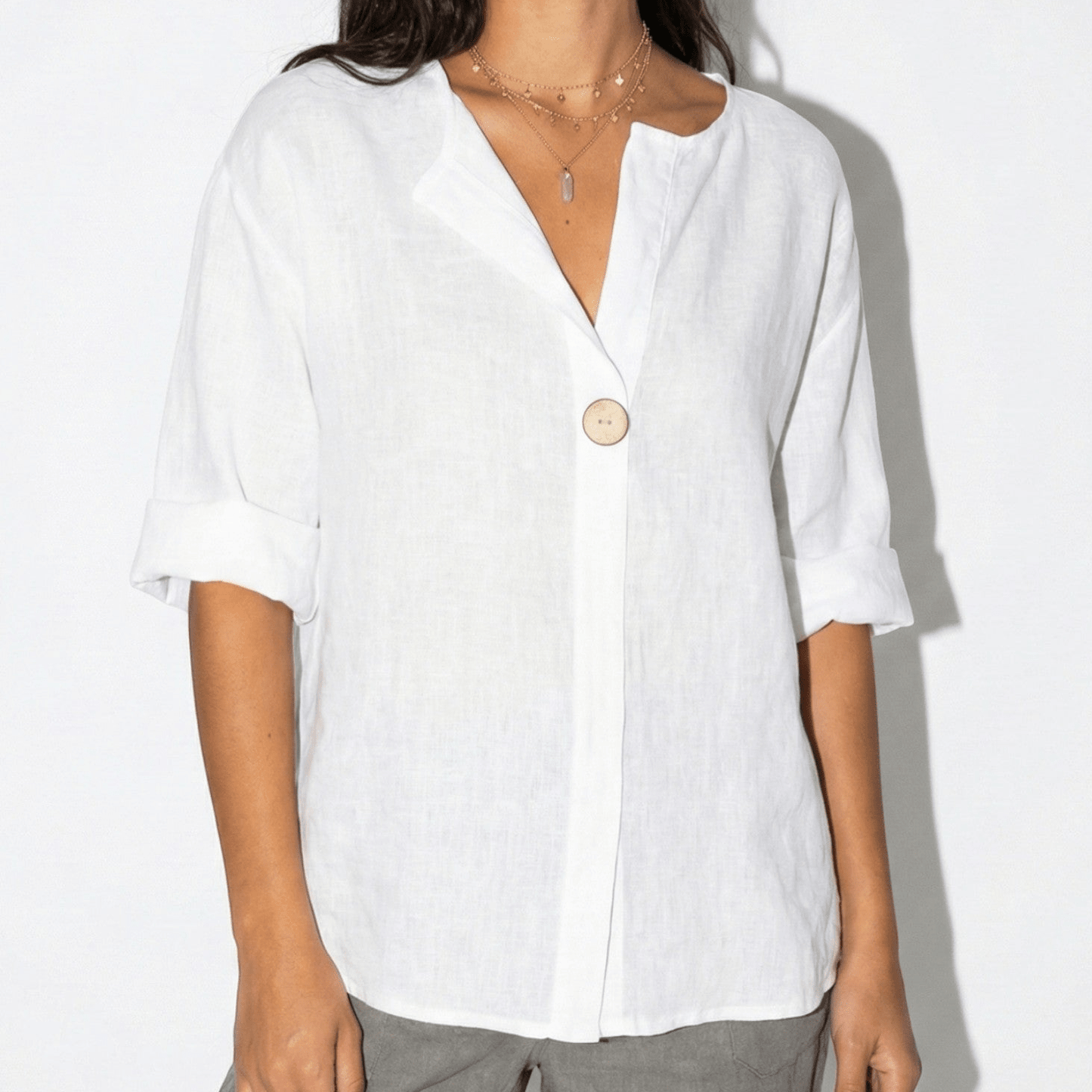 Women's Linen Blouse with V-Neck and Statement Wooden Button, Roll-Up Sleeves, Loose Fit made of Lightweight Fabric