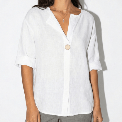 Women's Linen Blouse with V-Neck and Statement Wooden Button, Roll-Up Sleeves, Loose Fit made of Lightweight Fabric