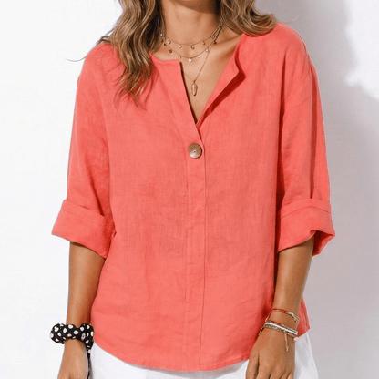 Women's Linen Blouse with V-Neck and Statement Wooden Button, Roll-Up Sleeves, Loose Fit made of Lightweight Fabric
