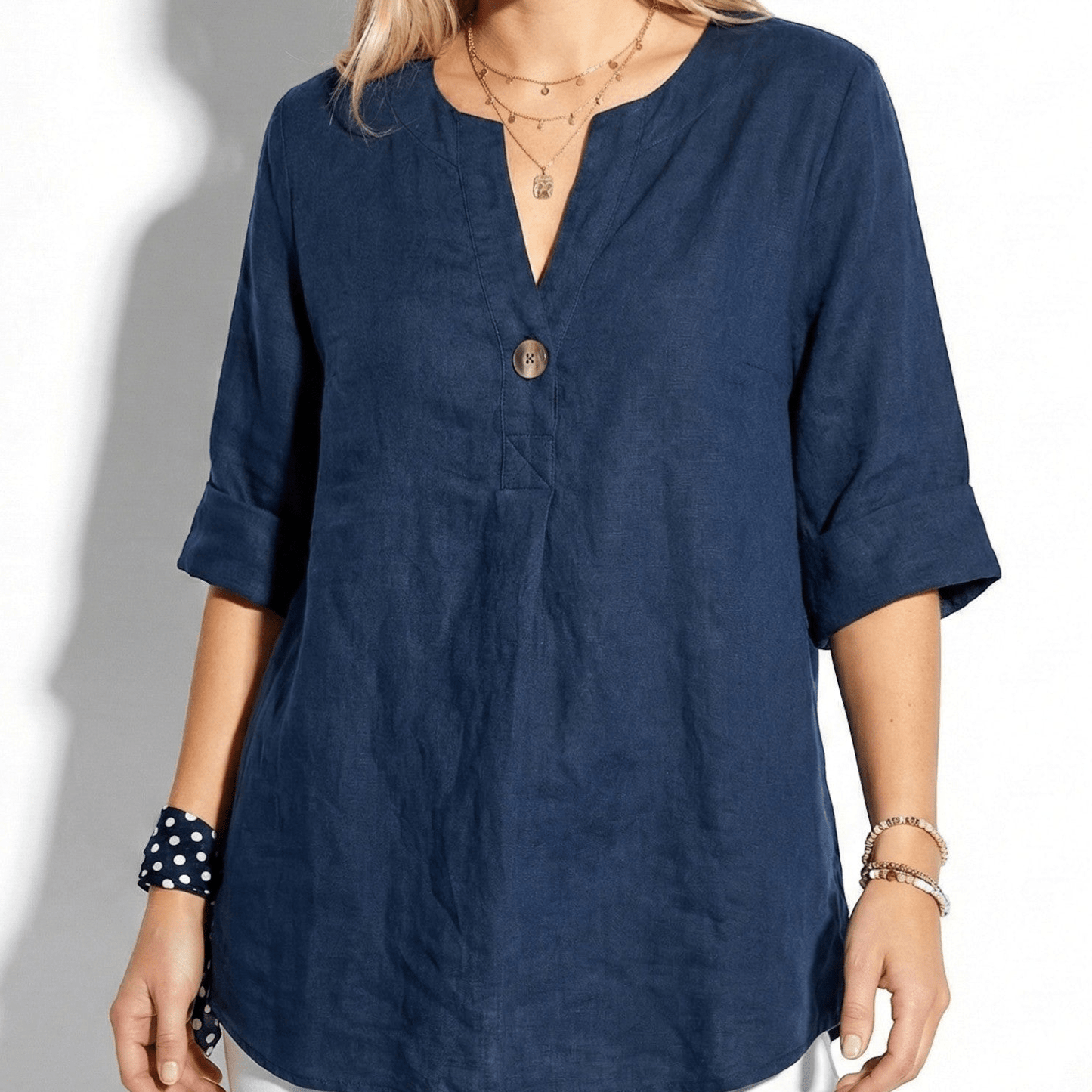 Women's Linen Blouse with V-Neck and Statement Wooden Button, Roll-Up Sleeves, Loose Fit made of Lightweight Fabric