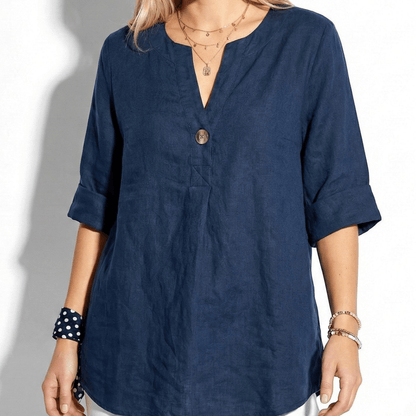 Women's Linen Blouse with V-Neck and Statement Wooden Button, Roll-Up Sleeves, Loose Fit made of Lightweight Fabric
