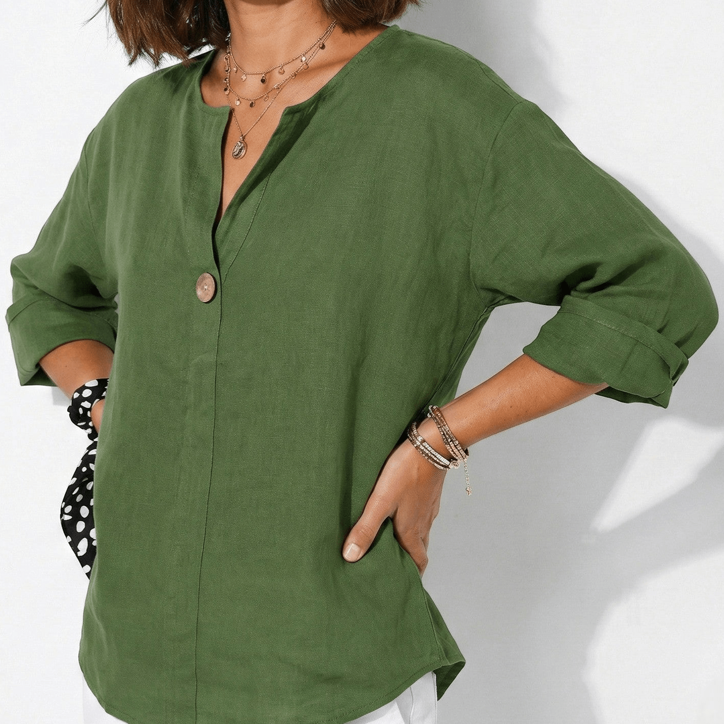Women's Linen Blouse with V-Neck and Statement Wooden Button, Roll-Up Sleeves, Loose Fit made of Lightweight Fabric