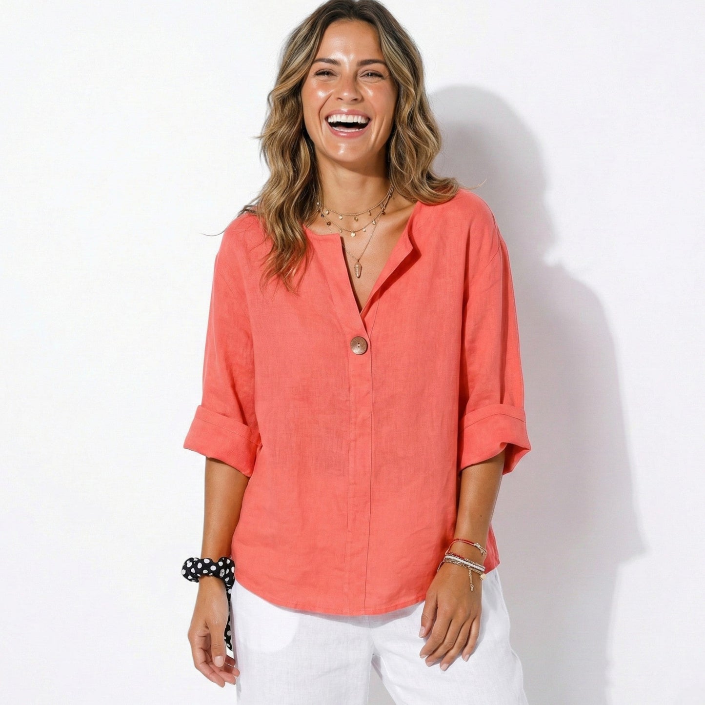 Women's Linen Blouse with V-Neck and Statement Wooden Button, Roll-Up Sleeves, Loose Fit made of Lightweight Fabric