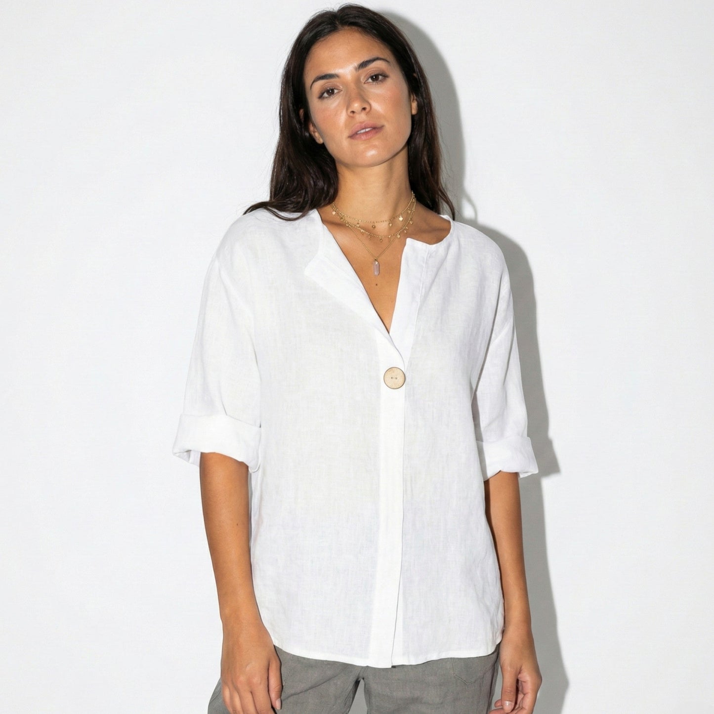 Women's Linen Blouse with V-Neck and Statement Wooden Button, Roll-Up Sleeves, Loose Fit made of Lightweight Fabric
