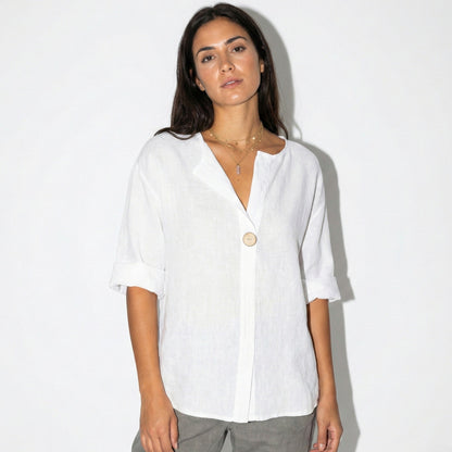 Women's Linen Blouse with V-Neck and Statement Wooden Button, Roll-Up Sleeves, Loose Fit made of Lightweight Fabric