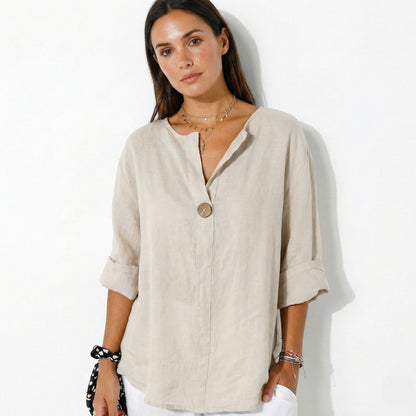 Women's Linen Blouse with V-Neck and Statement Wooden Button, Roll-Up Sleeves, Loose Fit made of Lightweight Fabric