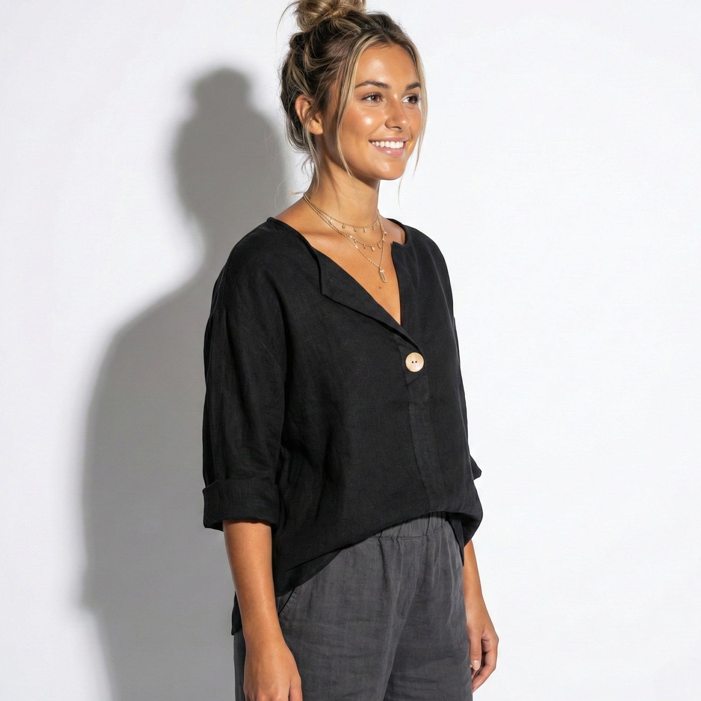 Women's Linen Blouse with V-Neck and Statement Wooden Button, Roll-Up Sleeves, Loose Fit made of Lightweight Fabric