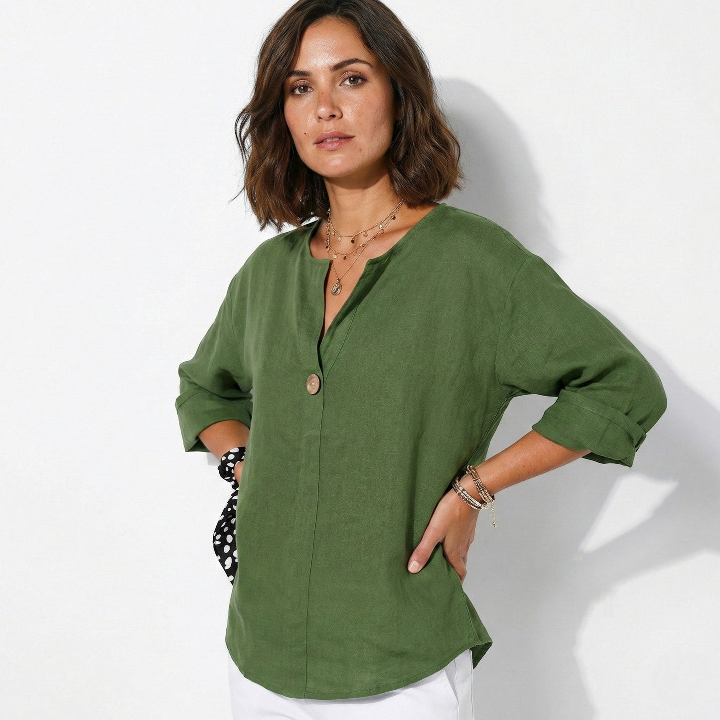 Women's Linen Blouse with V-Neck and Statement Wooden Button, Roll-Up Sleeves, Loose Fit made of Lightweight Fabric