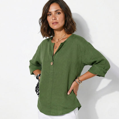 Women's Linen Blouse with V-Neck and Statement Wooden Button, Roll-Up Sleeves, Loose Fit made of Lightweight Fabric