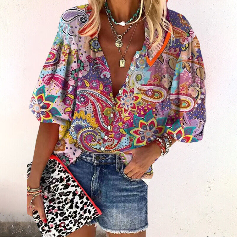 Women's Blouse with Floral Print and Button Placket Wide 3/4 Sleeves V-Neck in Cotton Blend