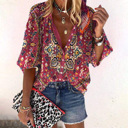 Women's Blouse with Floral Print and Button Placket Wide 3/4 Sleeves V-Neck in Cotton Blend