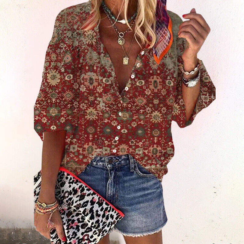 Women's Blouse with Floral Print and Button Placket Wide 3/4 Sleeves V-Neck in Cotton Blend