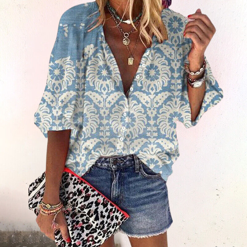 Women's Blouse with Floral Print and Button Placket Wide 3/4 Sleeves V-Neck in Cotton Blend