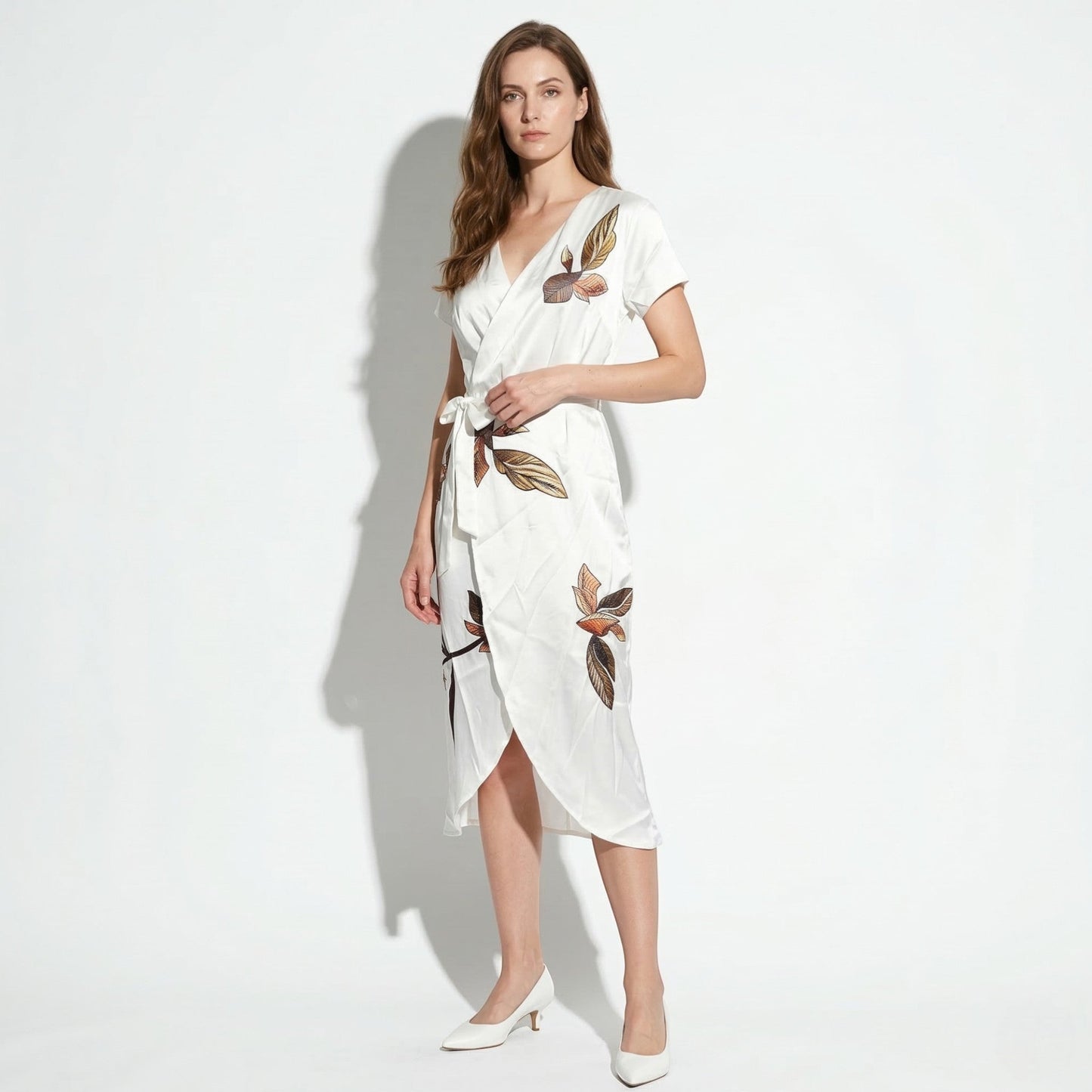 Women's Wrap Midi Dress with V-Neck and Leaf Print Short Sleeve Calf-Length made of Flowing Fabric